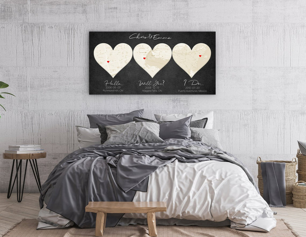 Ivory Custom 3 Heart Map - 14th Anniversary Gift