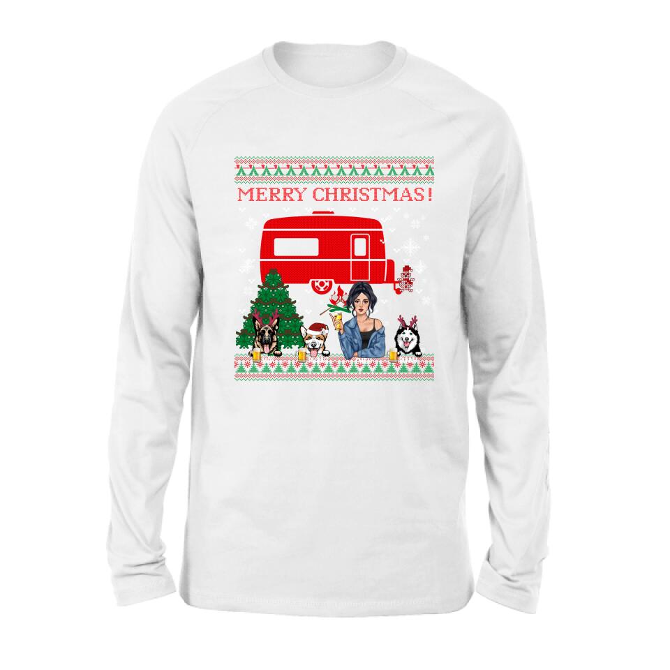 Personalized Dog Mom Camping Sweatshirt - Up to 3 Dogs - Merry Christmas