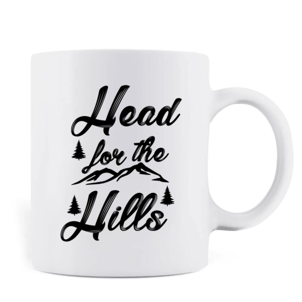 Personalized Hiking Coffee Mug - Man/Woman/Couple/Parents With Up to 6 Pets And 4 Kids - Gift For Hiking Lover - Head For The Hills
