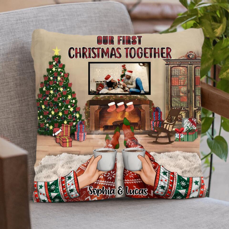 Personalized Xmas Couple Custom Photo Pillow Cover/Quilt/Fleece Blanket - Couple With Up to 4 Pets - Christmas Gift Idea For Couple - Our First Christmas Together