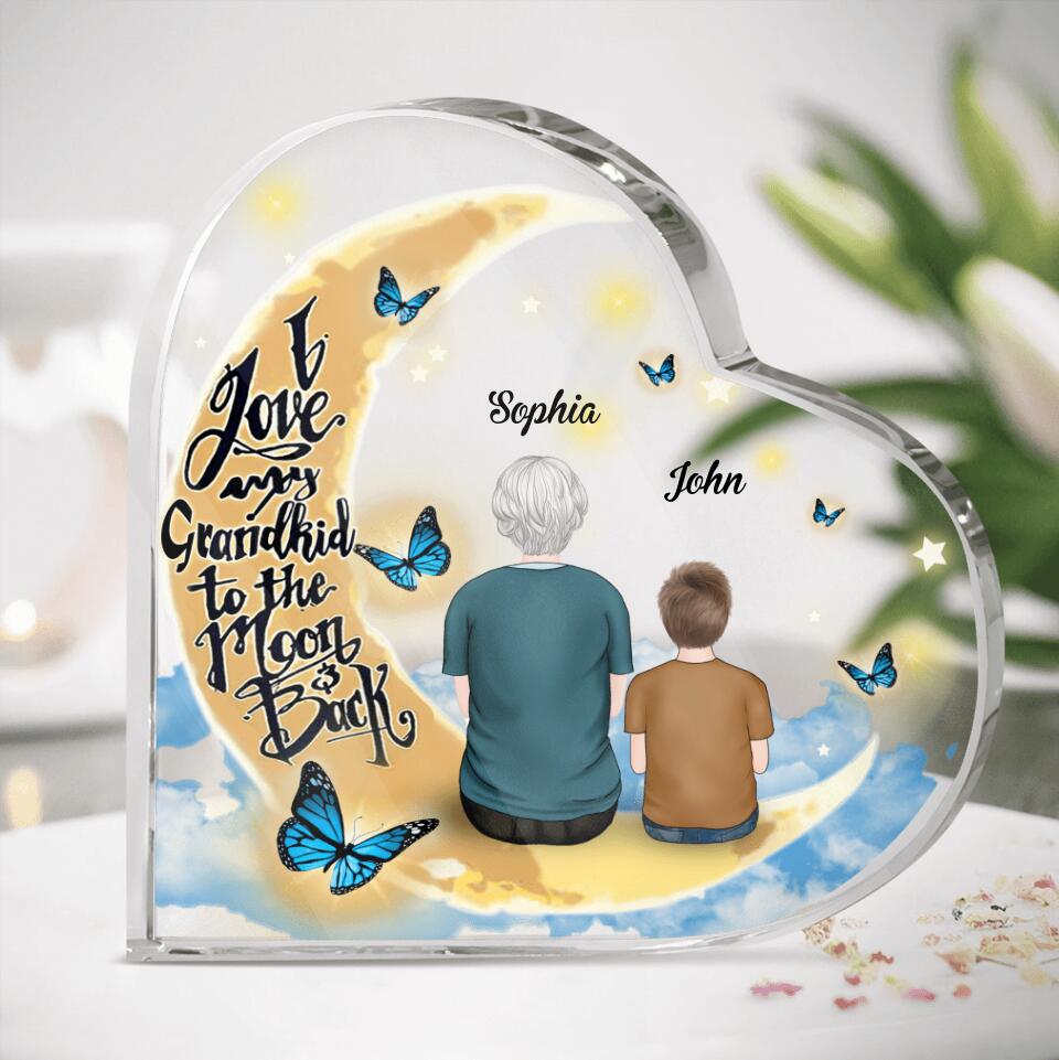 Personalized Grandma Heart-Shaped Acrylic Plaque - Grandma With Up to 4 Kids - Memorial Gift Idea - I Love My Grandkid To The Moon & Back