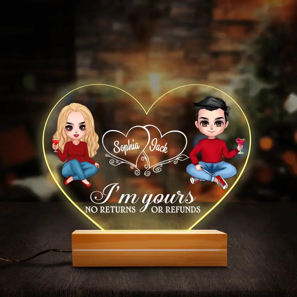 Personalized Couple Heart Acrylic Light Night - Gift Idea For Him/Her - I'm Yours No Returns Or Refunds