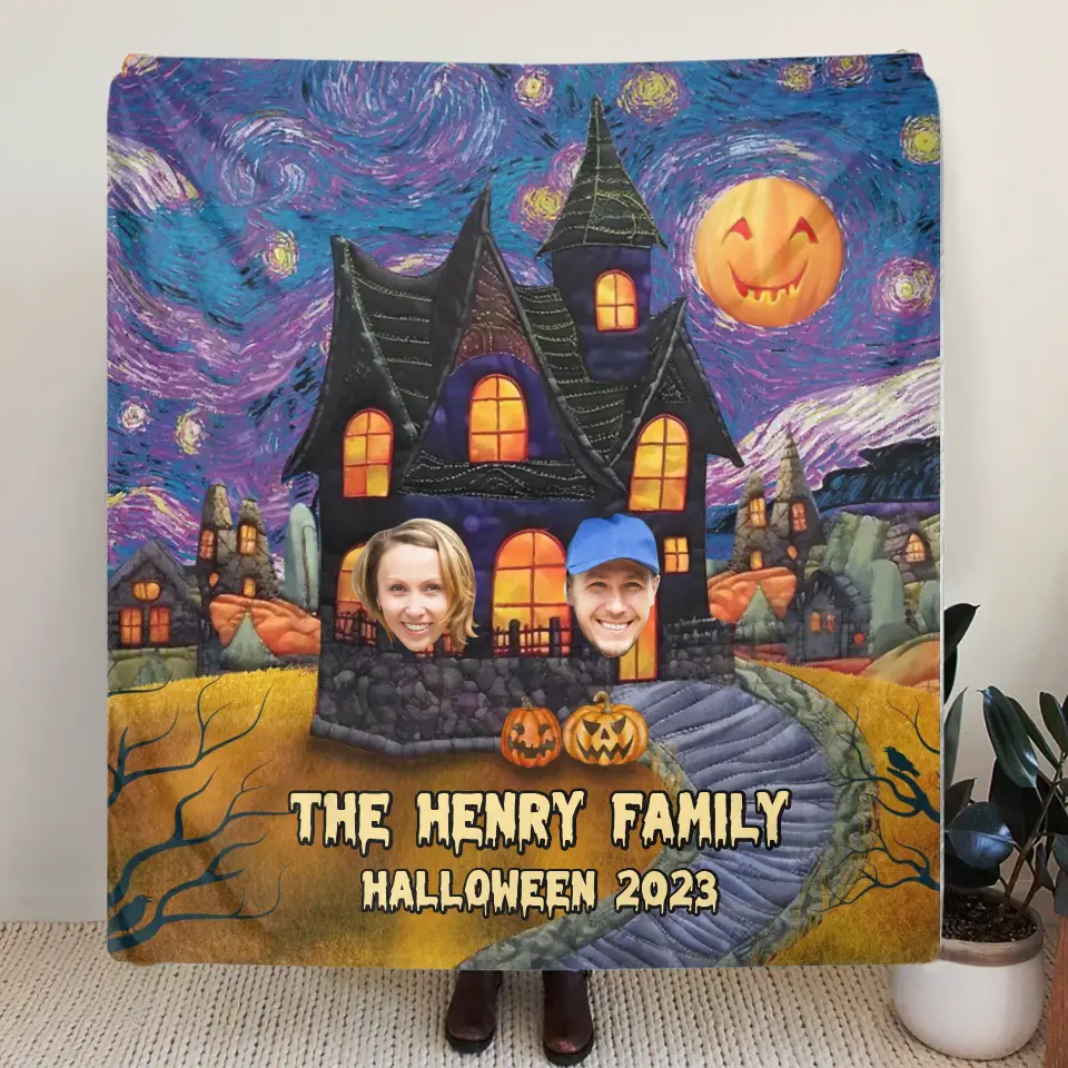 Personalized Halloween Family Quilt/Fleece Throw Blanket - Upload Up to 9 Photos - Gift Idea For Halloween/Family - Halloween 2023