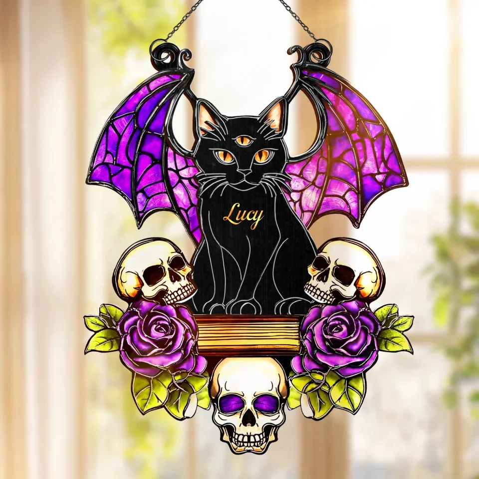 Personalized Cat Hanging Suncatcher Ornament - Gift Idea For Halloween/Cat Lover - Custom Cat's Name