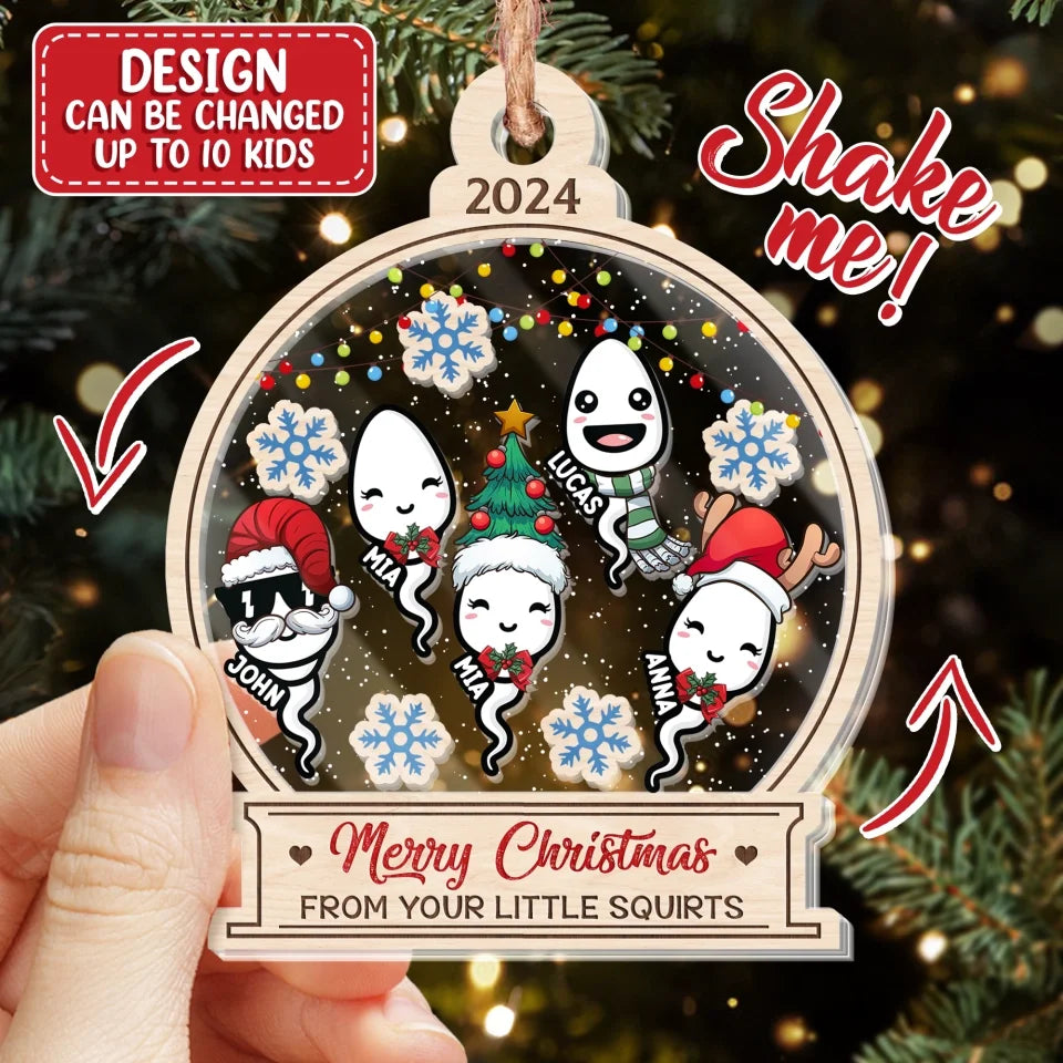 Personalized Christmas 3 Layered Shaker Ornament -  Gift Idea For Father/Mother - Up to 10 Kids - Merry Christmas From Your Little Squirts