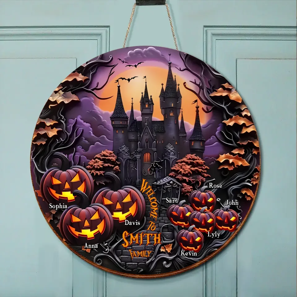 Personalized Halloween Circle Wooden Sign - Halloween Gift Idea For Family