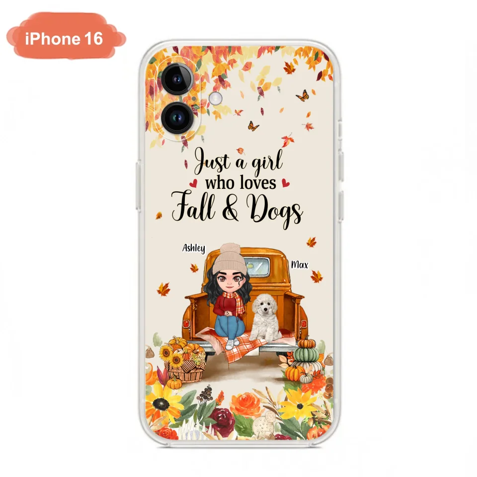 Custom Personalized Dog Mom Autumn Phone Case - Gift Idea For Dog Owners - Upto 5 Dogs -  Case For iPhone/Samsung - Just A Girl Who Loves Fall & Dogs
