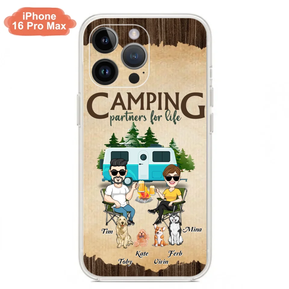 Custom Personalized Couple With Dogs Camping iPhone/ Samsung Case - Couple With Up to 4 Dogs - Gift For Couple/ Camping/ Dog Lover - Camping Partners For Life