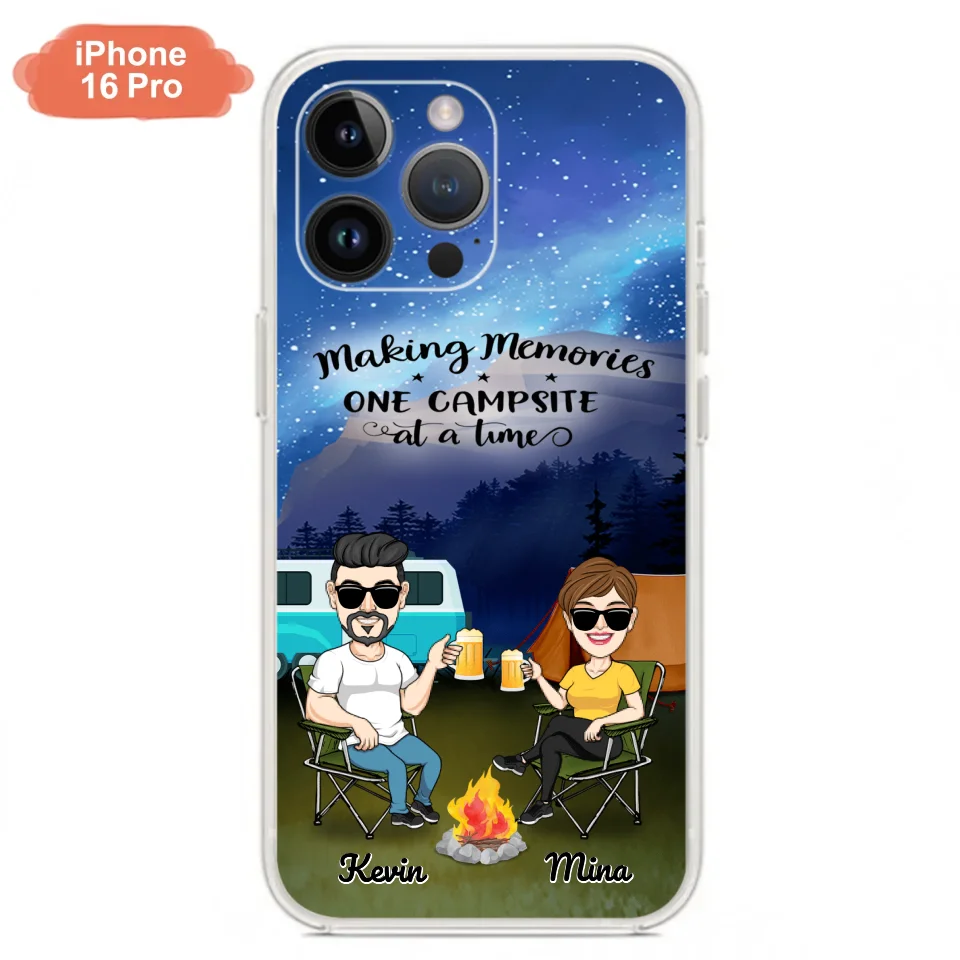 Custom Personalized Night Camping Phone Case - Couple With Up to 3 Dogs - Gift For Couple/ Camping Lover - Making Memories One Campsite At A Time - Case For iPhone And Samsung