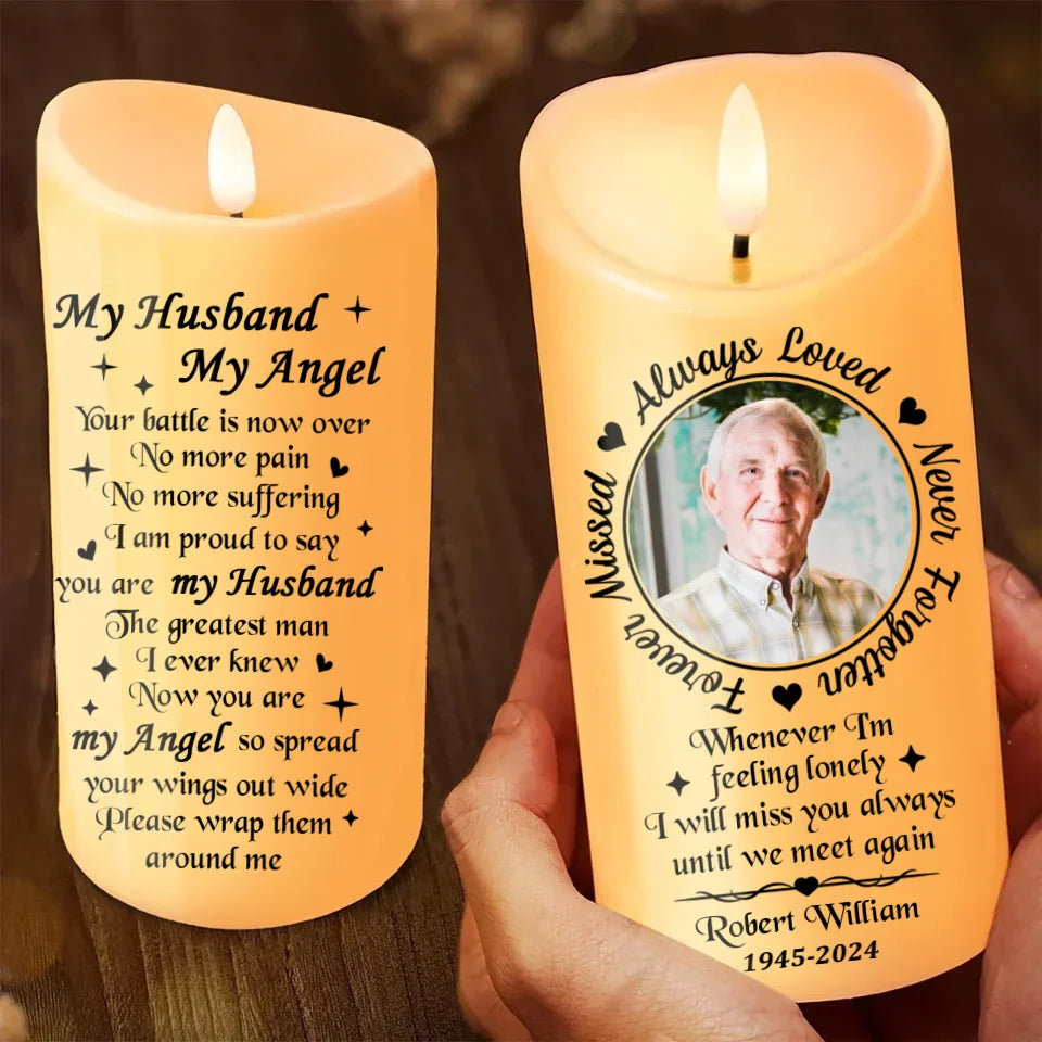 Personalized Memorial Led Candle - Upload Photo - My Husband My Angel