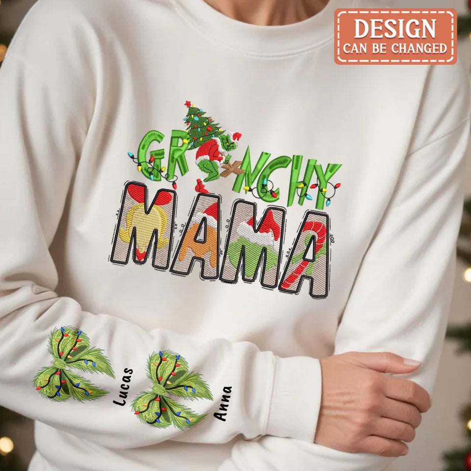 Personalized Grinchy Mama Embroidered Sweater - Up to 6 Kids - Gift Idea For Grandma