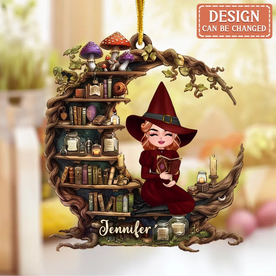 Personalized Witch Reading Book On Moon Wooden Ornament - Gift Idea For Witch/Book Lover