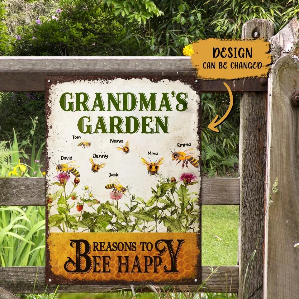 Personalized Grandma's Garden Metal Sign - Gift Idea For Grandma - Up to 10 Kids - Reasons To Bee Happy
