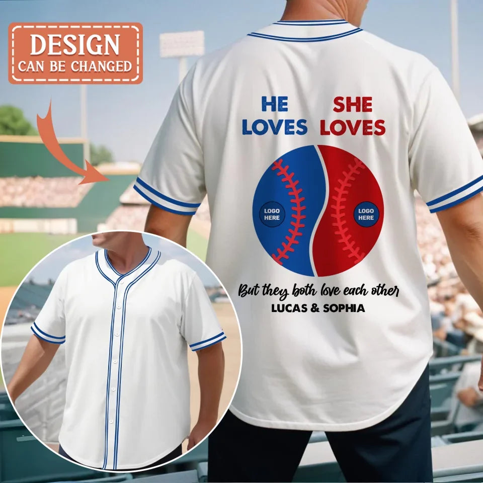 Personalized He Loves She Loves All-Over Print Baseball Jersey With Pinstripes - Gift Idea For Couple/Husband/Boyfriend - But They Both Love Each Other