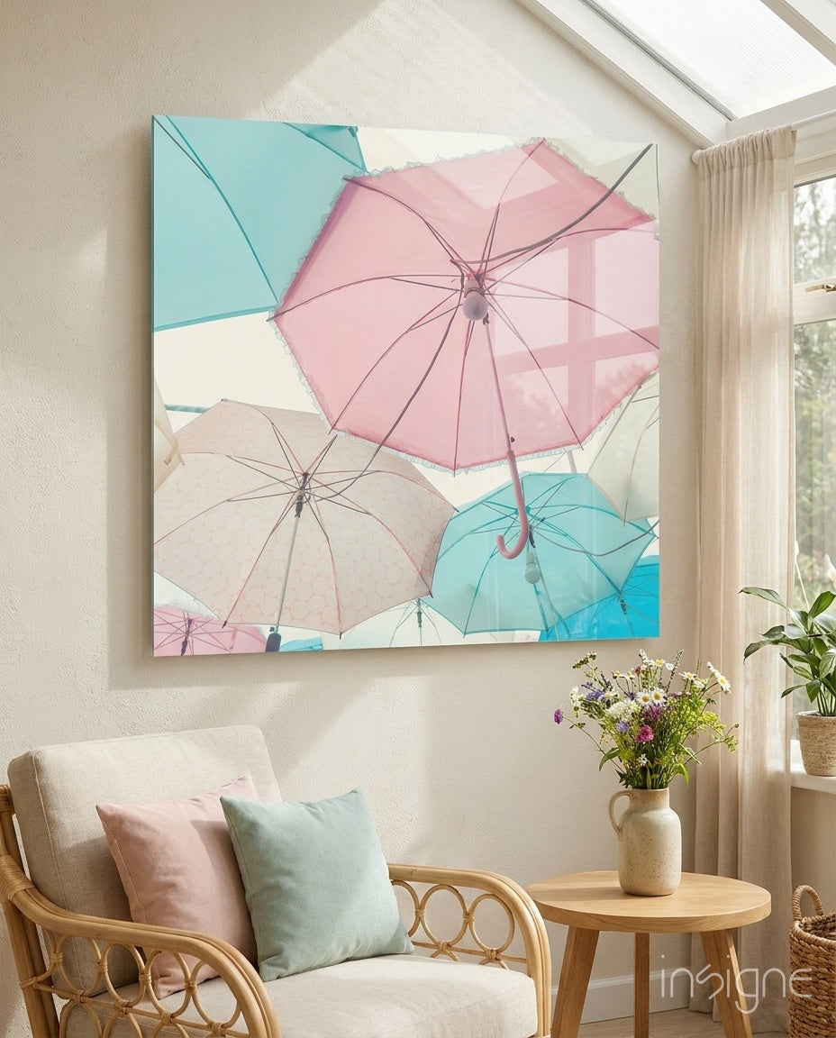 Colorful Umbrellas Glass Wall Art
