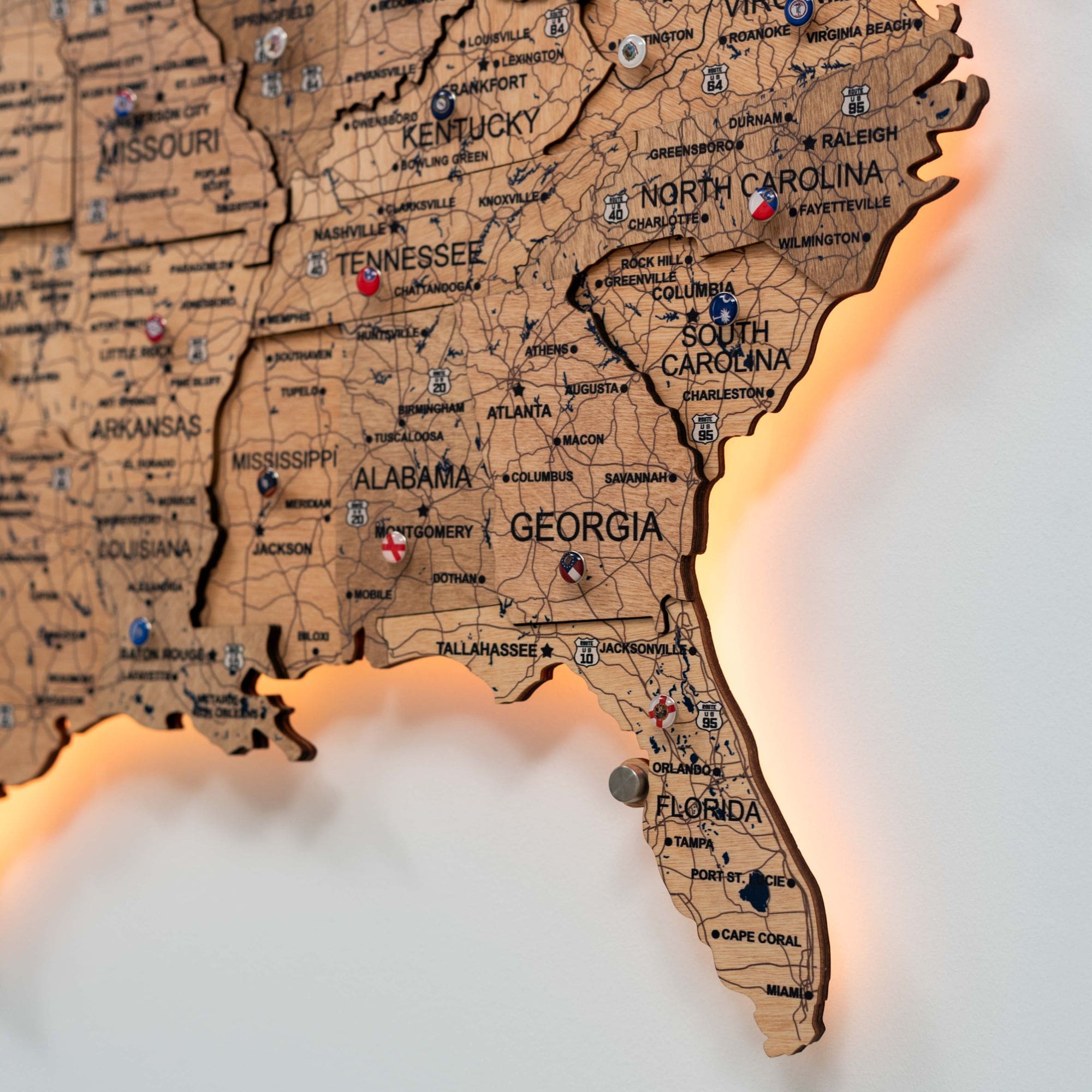 Wooden 3d LED Map of USA  - Gold