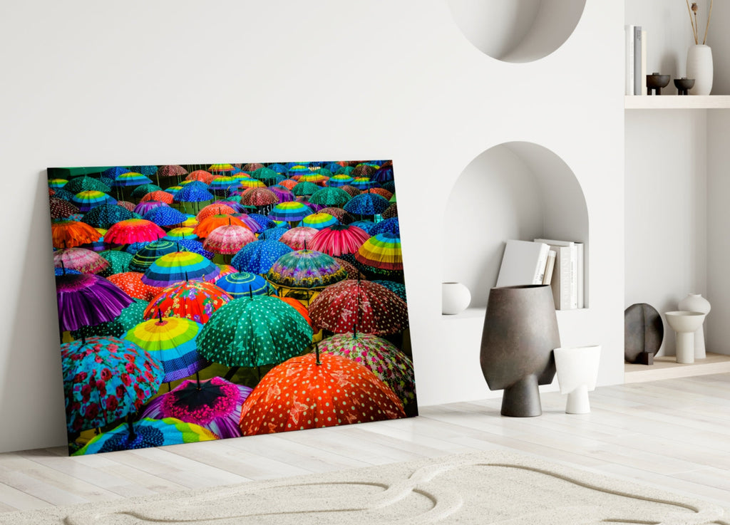 Colorful Umbrellas Glass Wall Art