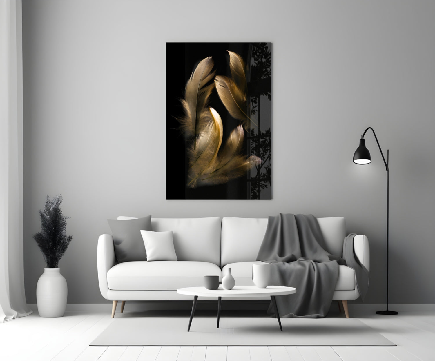 Tan Feather Glass Wall Art