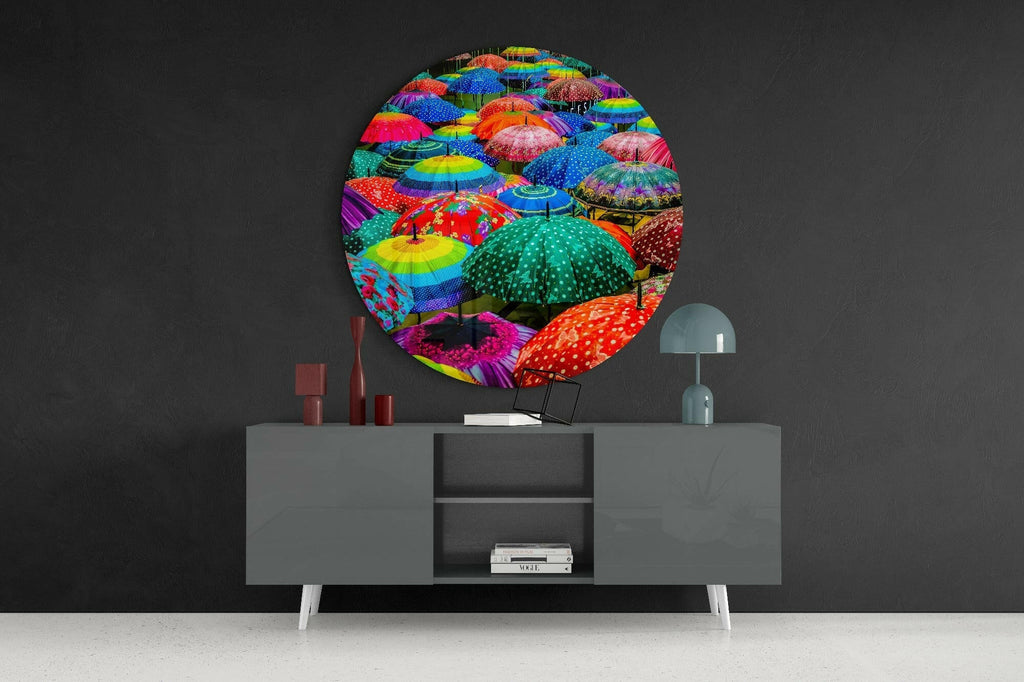 Colorful Umbrellas Glass Wall Art