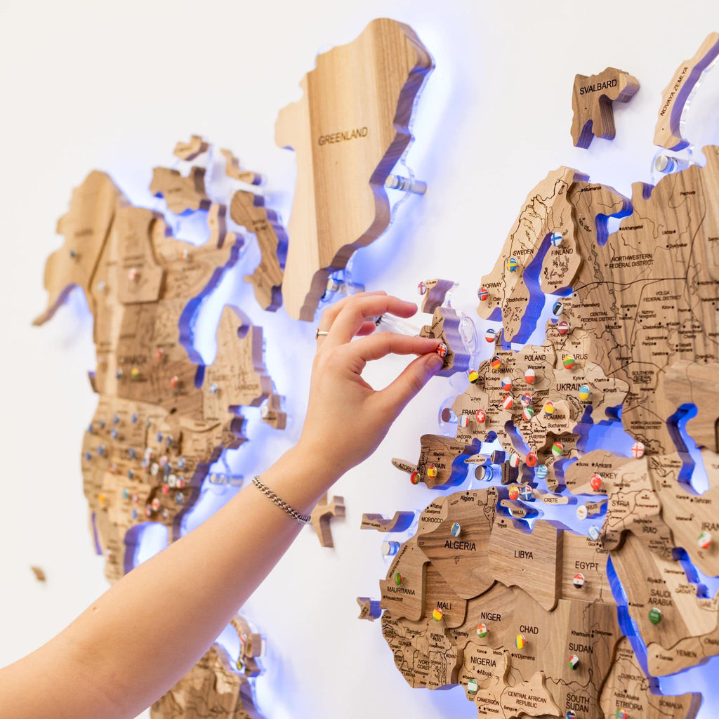 3D Solid Wooden World Map - Walnut