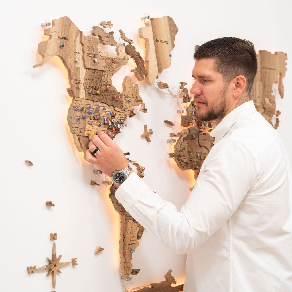 3D Solid Wooden World Map - Walnut