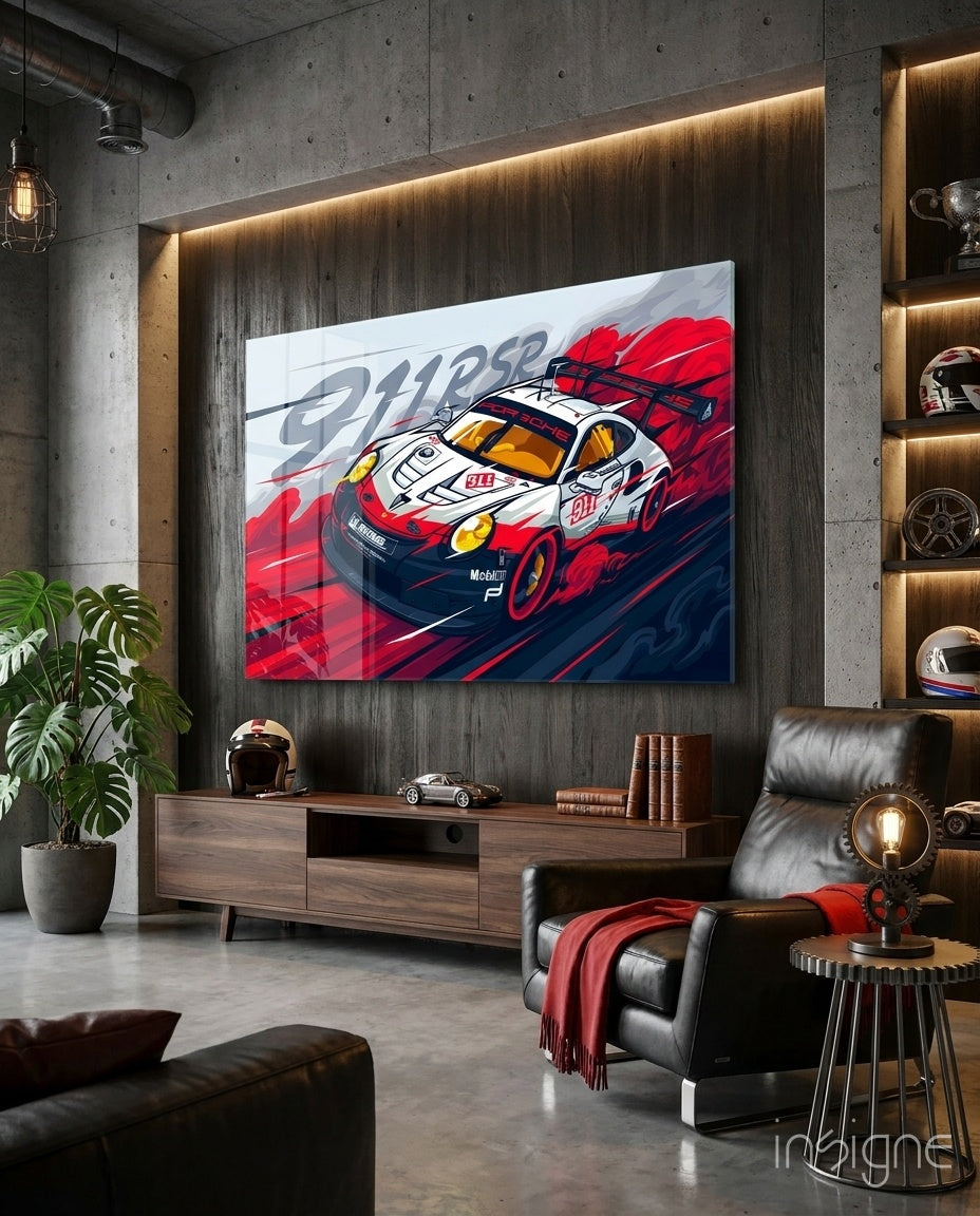 The Rhythm of the Track: Porsche 911 RSR Glass Wall Art || Designer Collection