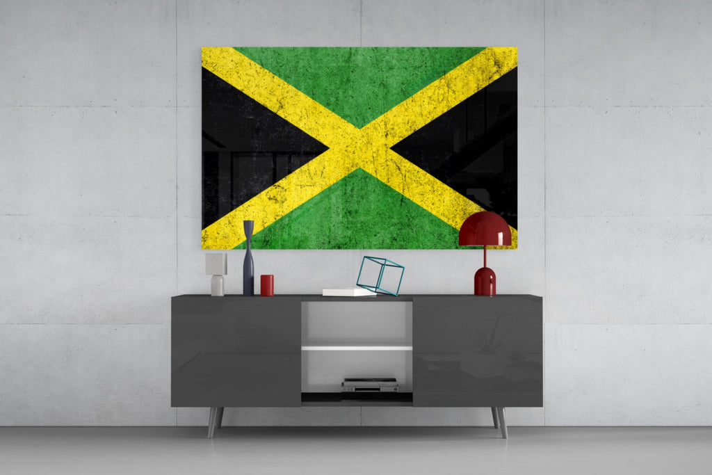 Jamaican Flag Grunge Glass Wall Art