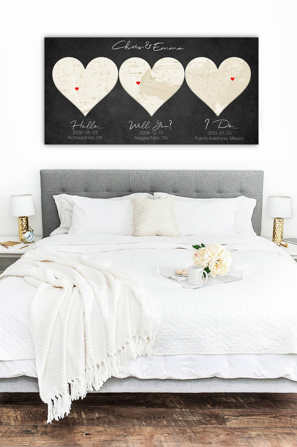 Ivory Custom 3 Heart Map - 14th Anniversary Gift