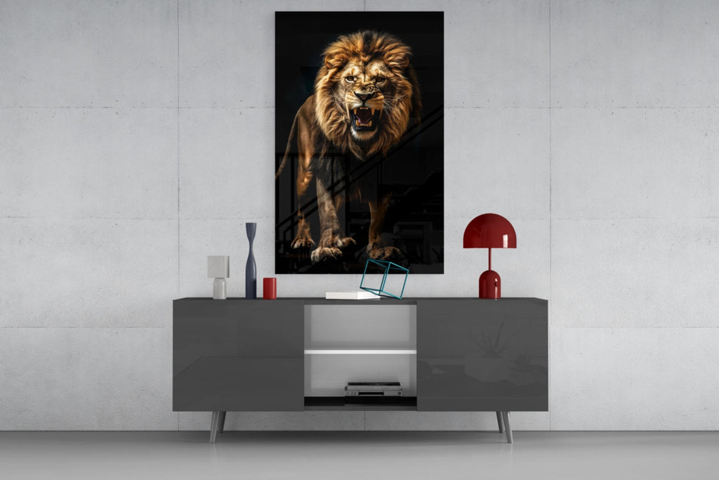 Lion in the Dark Glass Wall Art|| Designer's Collection