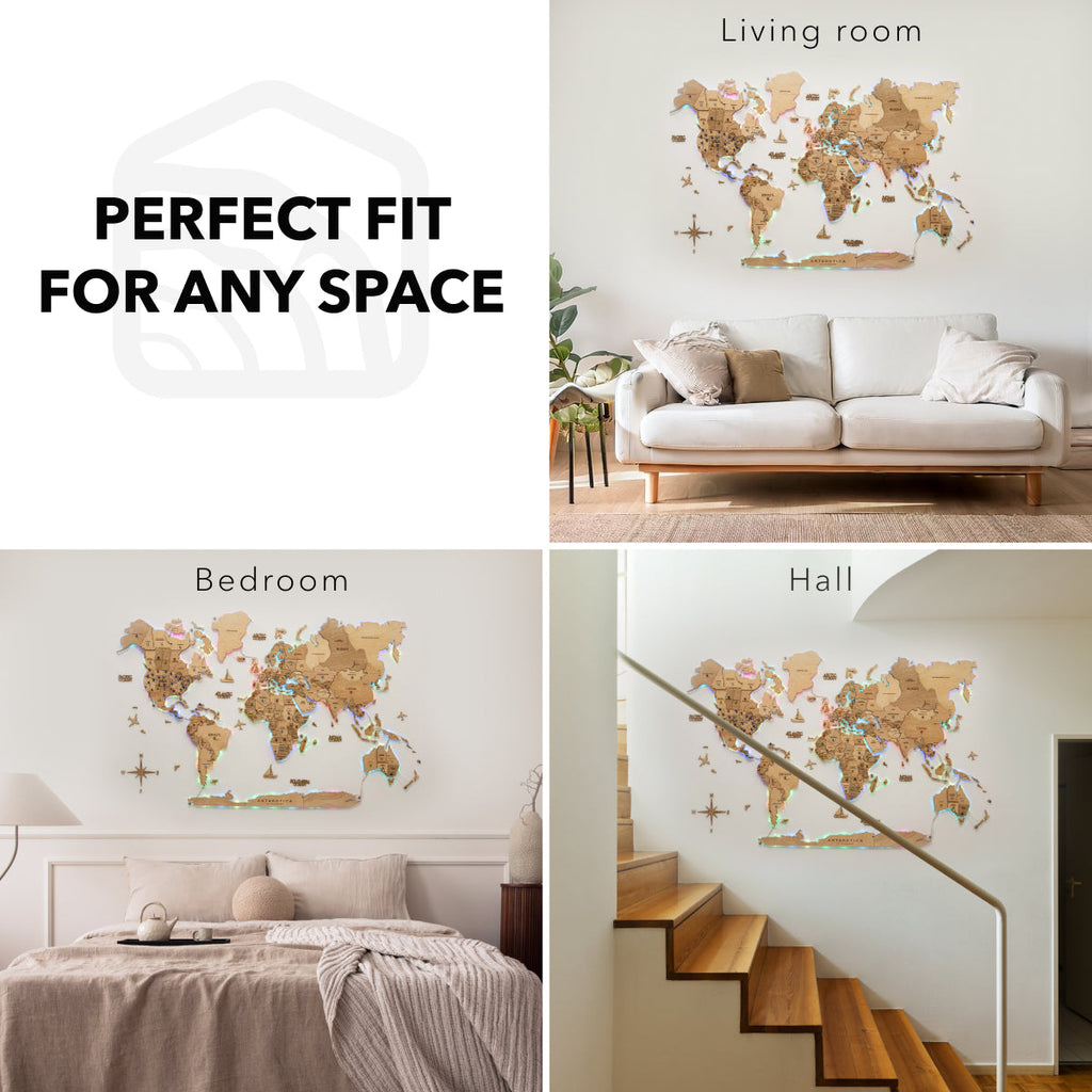 3D LED Wooden World Map 2.0 Gold