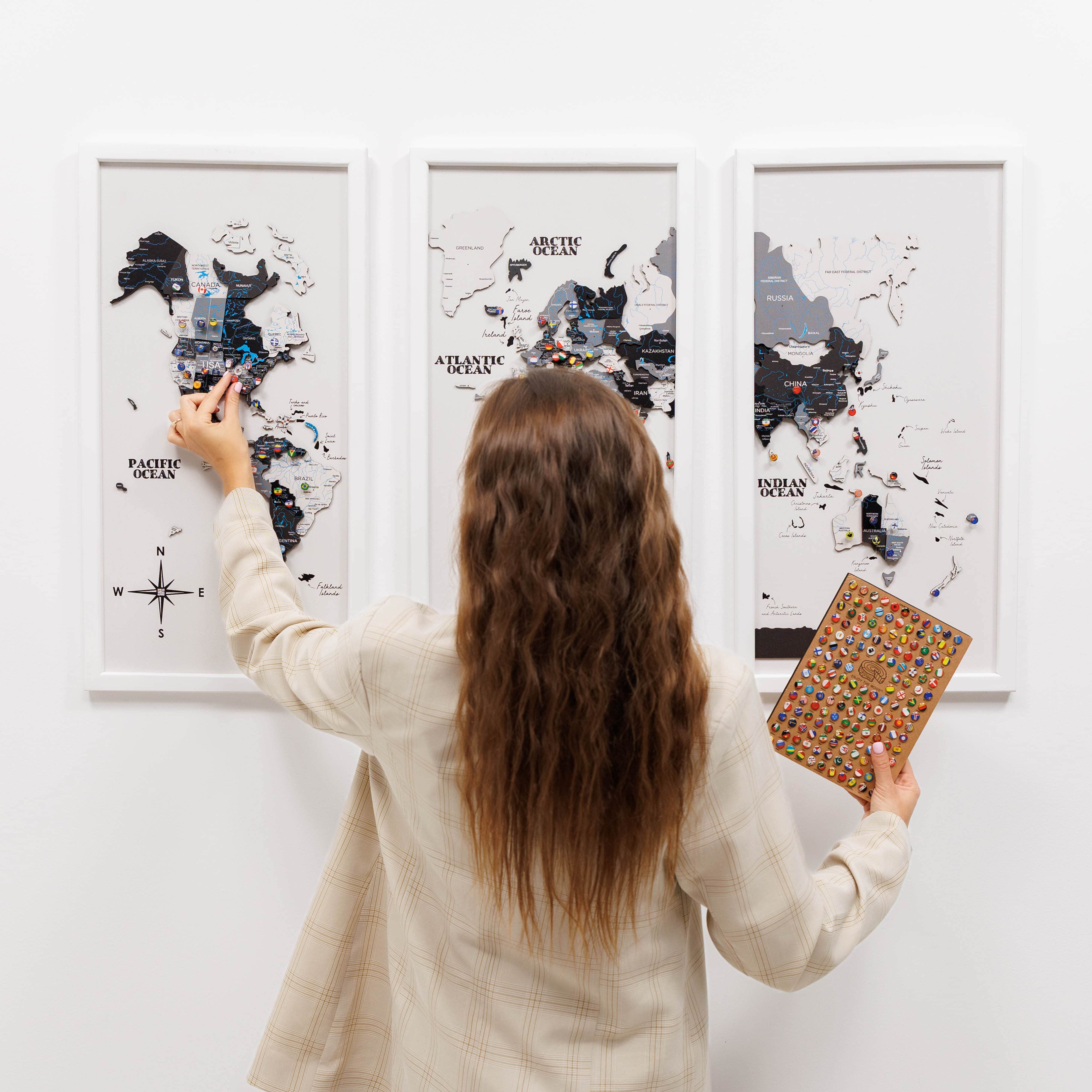 Triptych Wall Art - Wooden World Map (Nordik)