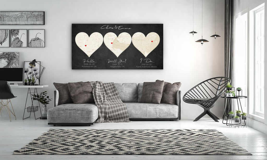 Ivory Custom 3 Heart Map - 14th Anniversary Gift