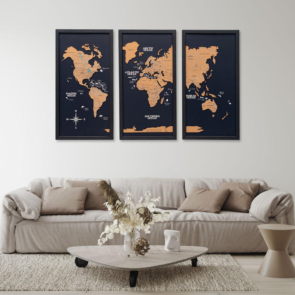 Cork world map triptych - White