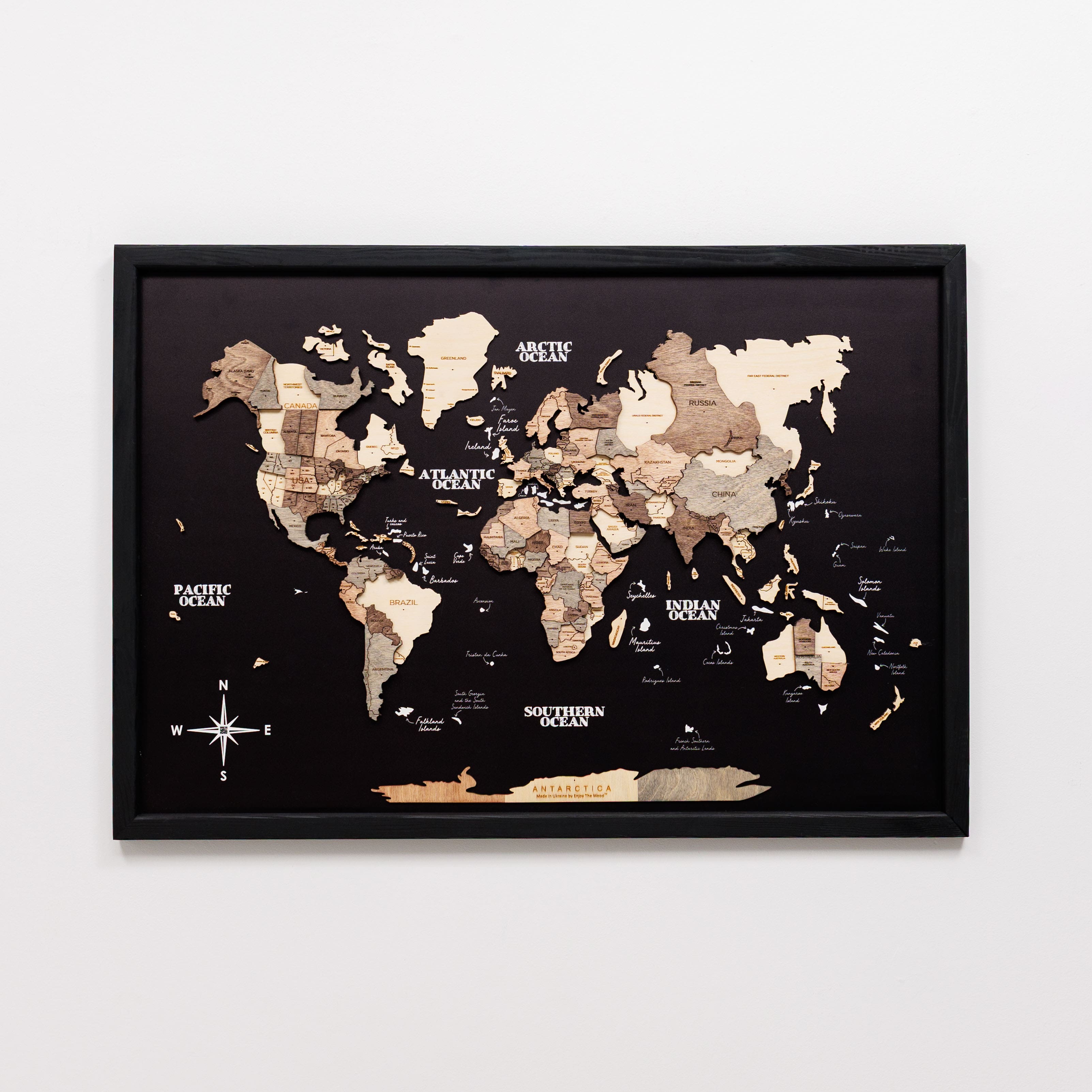 3D Wooden Panel World Map - Smokey