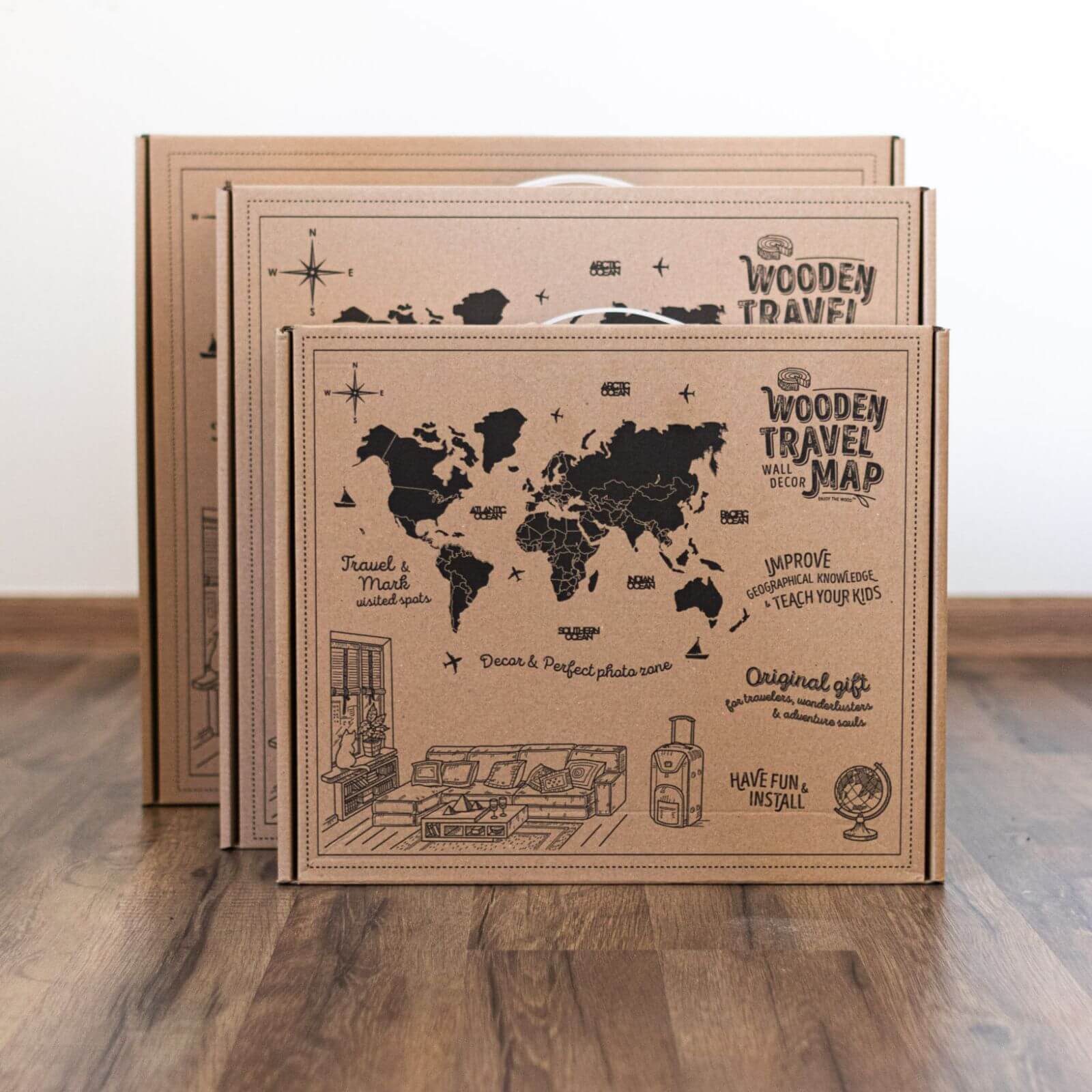 3D Wooden World Map Aqua